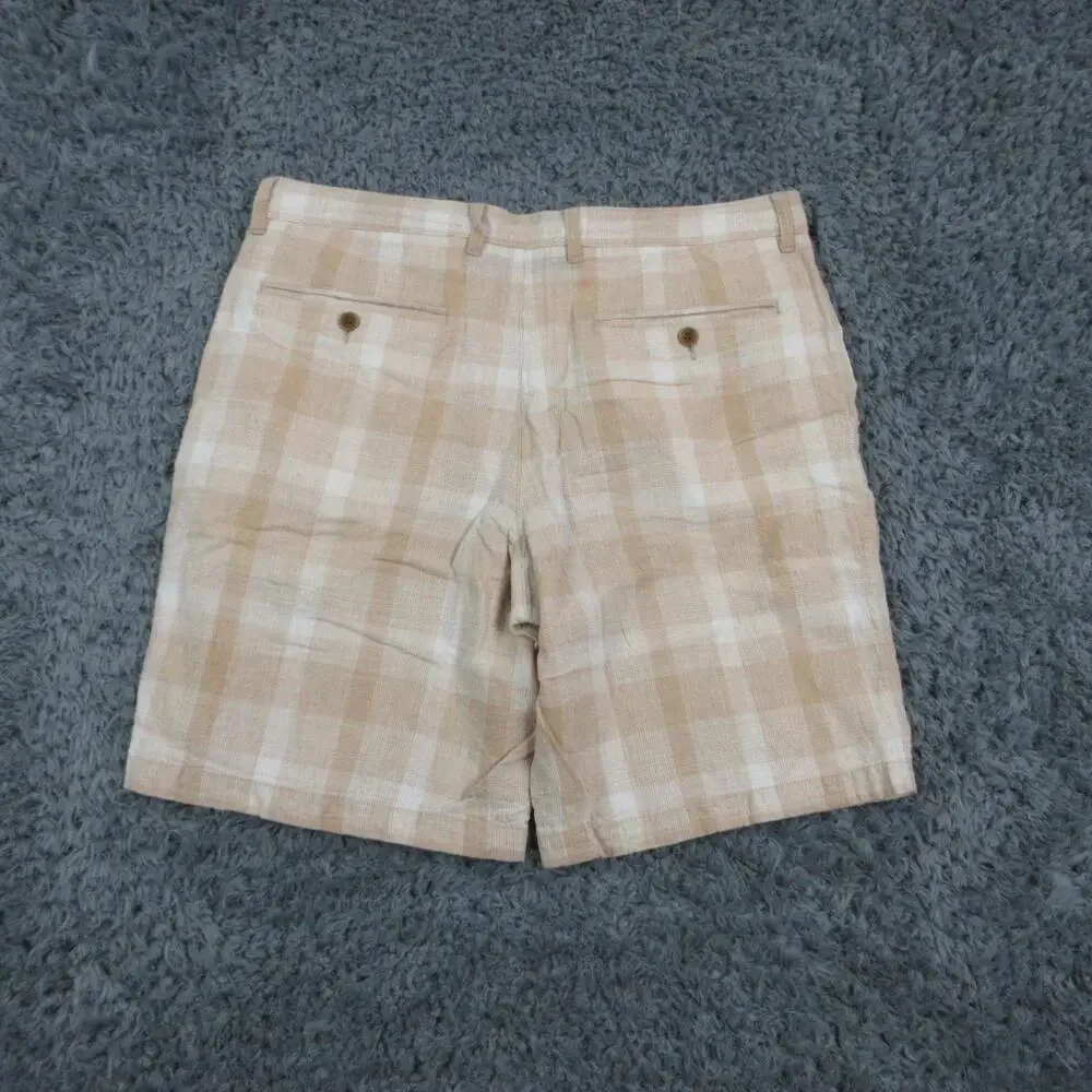 Tasso Elba Shorts Mens 34 Beige Plaid Linen Cotton Chino Pleated Casual 36x9*